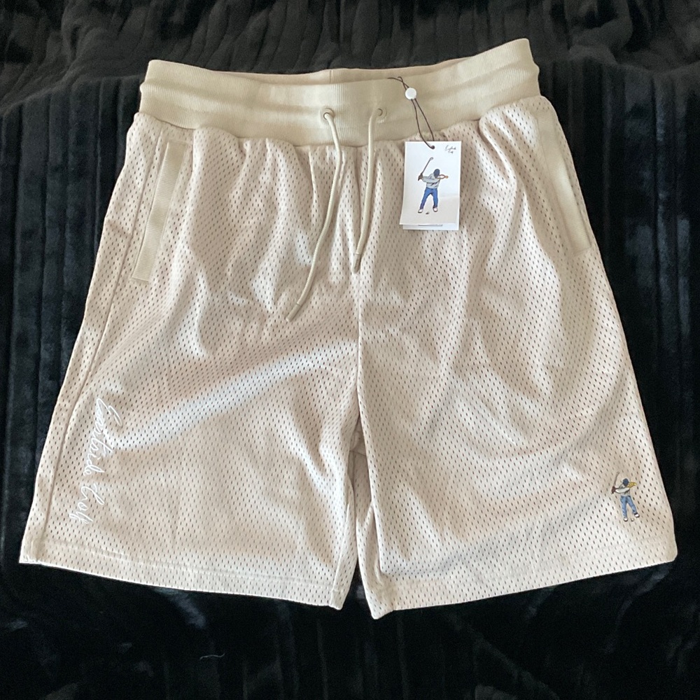 Men's Cream Mesh Athletic Shorts with Drawstring Waist